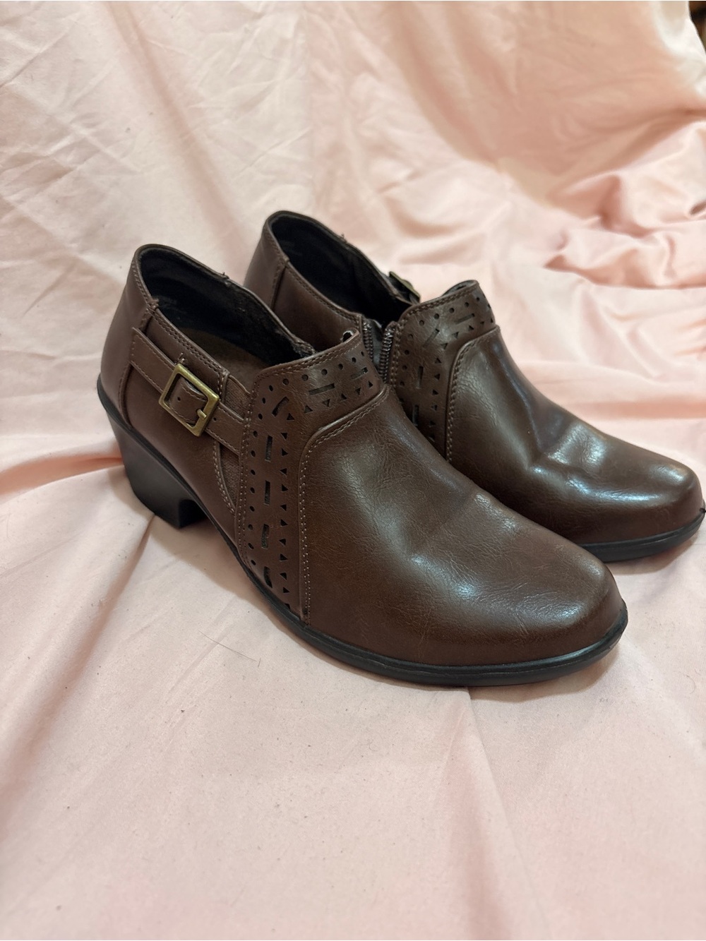 easy street Brown Slip-On Low Heel Perforated Buckle Pumps